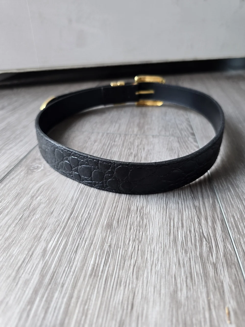Vintage 90s Black Croc Embossed Leather Belt Chunky Gold Western Buckle USA M